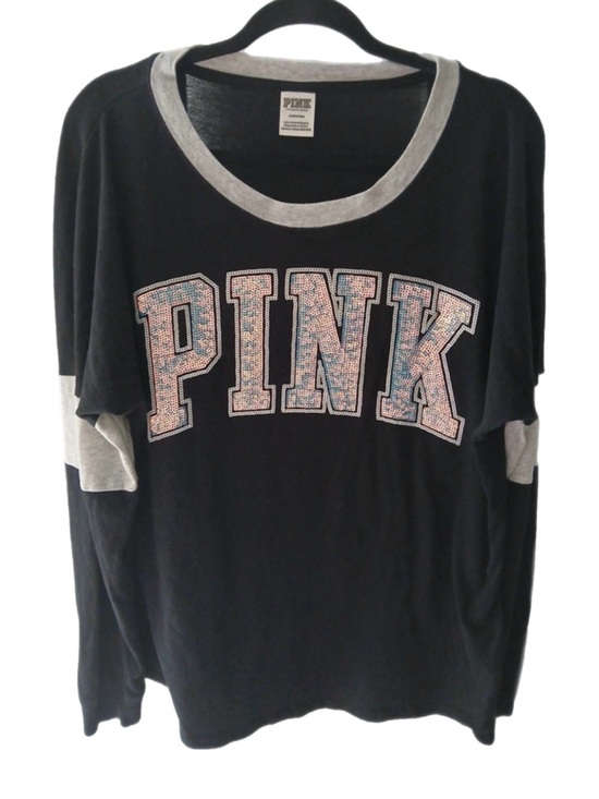 PINK Victoria's Secret Tops - PINK Victoria's Secret Black Long Sleeve Tee with Gray Trim and Logo